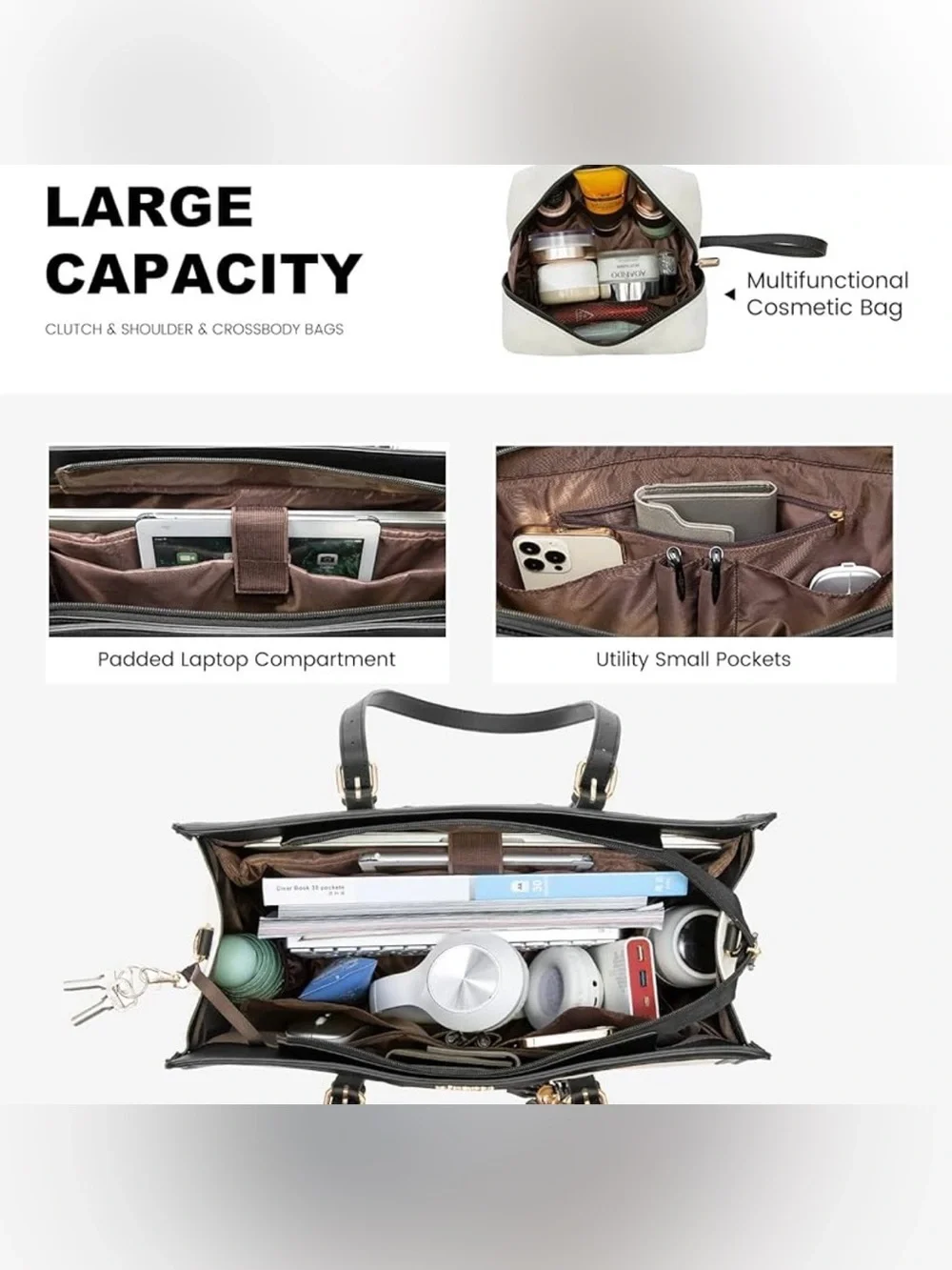 LOVEVOOK Canvas Laptop Tote Teacher Work Bag Black Cream-White